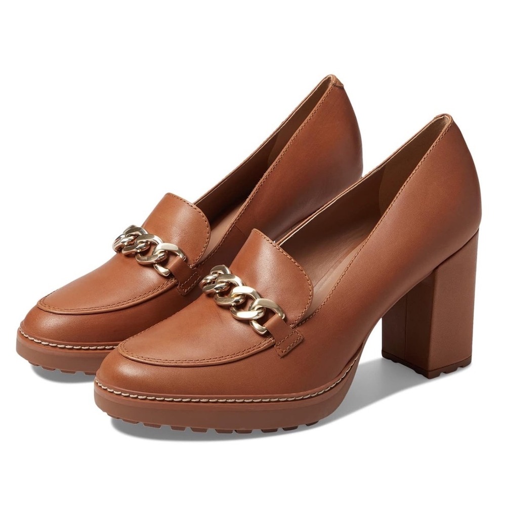 Naturalizer Callie Moc Tan Leather Platform Block Heel Lug Sole Loafers